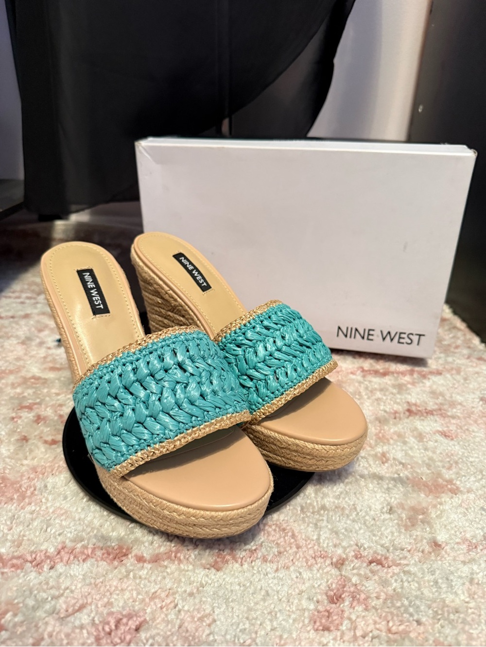 Nine West Teal Woven Slide Wedge Sandals with Tan Platform